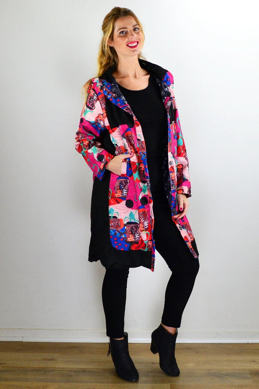 Abstract print fuchsia corduroy jacket from Hourglass, stylish tunic with vibrant pattern and textured fabric.