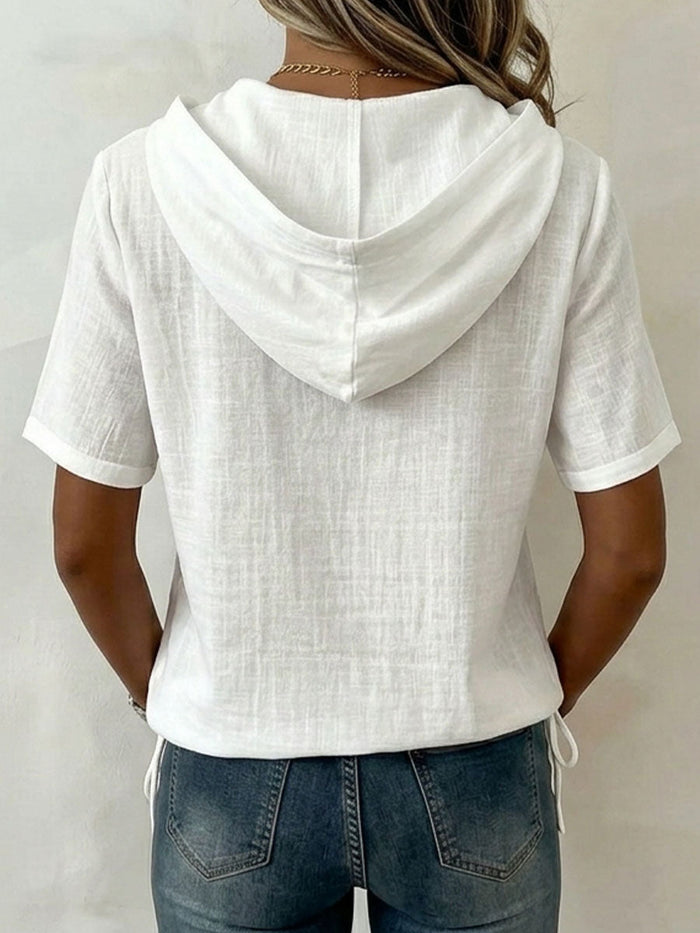 Aevrixa - Top femme à capuche fluide manches courtes boutons col ouvert style casual