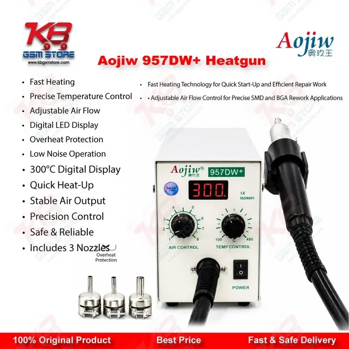 Aojiw 957DW+ Hot Air Rework Station 580W SMD BGA Heat Gun for Mobile PCB Repair