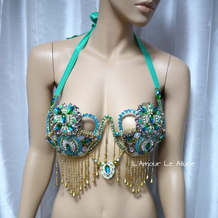 Arabian Nights Turquoise Rhinestone Metal Samba Carnival Bra Top