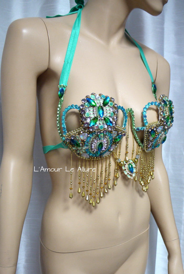 Arabian Nights Turquoise Rhinestone Metal Samba Carnival Bra Top