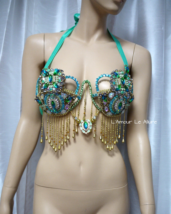 Arabian Nights Turquoise Rhinestone Metal Samba Carnival Bra Top
