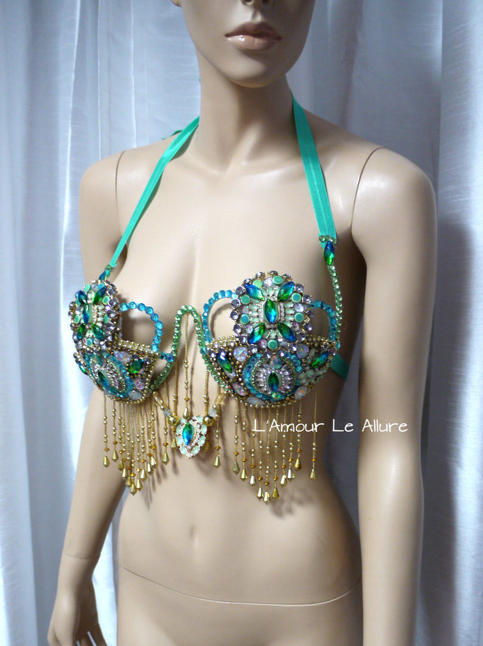 Arabian Nights Turquoise Rhinestone Metal Samba Carnival Bra Top