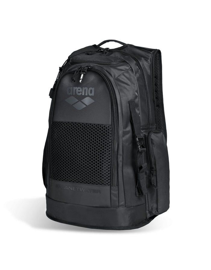 Black Arena All Set Backpack 45L with mesh panel, wet dry compartments, padded laptop sleeve