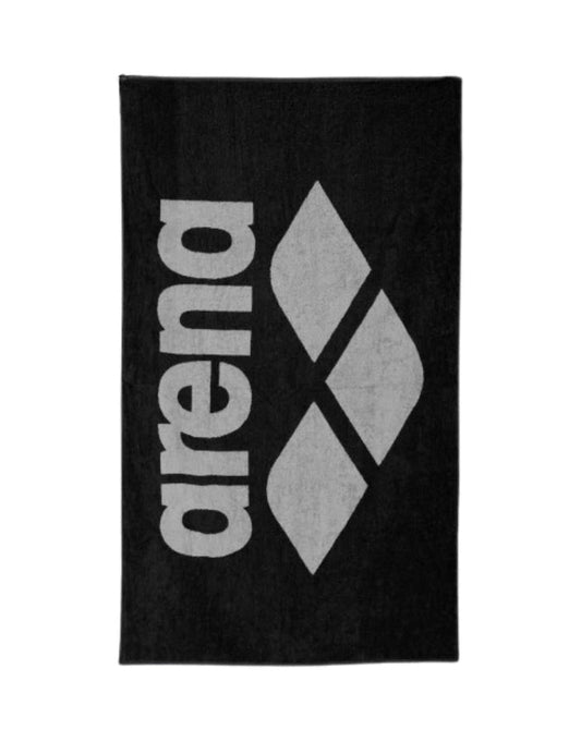 Black Arena soft pool towel with bold white logo and geometric design