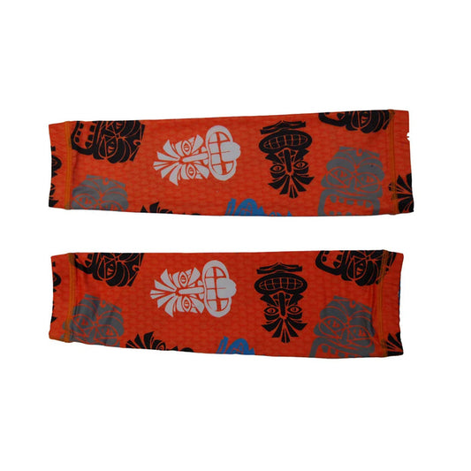 Pair of orange arm sleeves with black, white, gray, and blue tribal mask prints