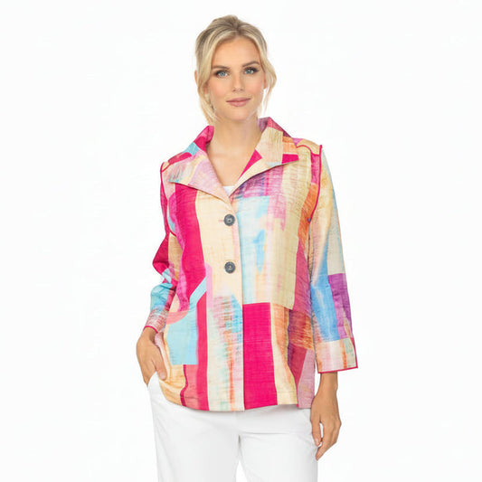 Artful Abstract Print Wing Collar Jacket in Pink - C1039J-PNK