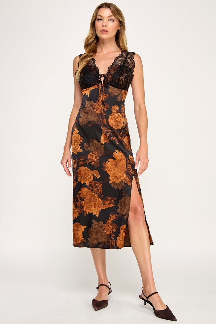 Audri Slip Dress - Floral Lace V Neck Side Slit