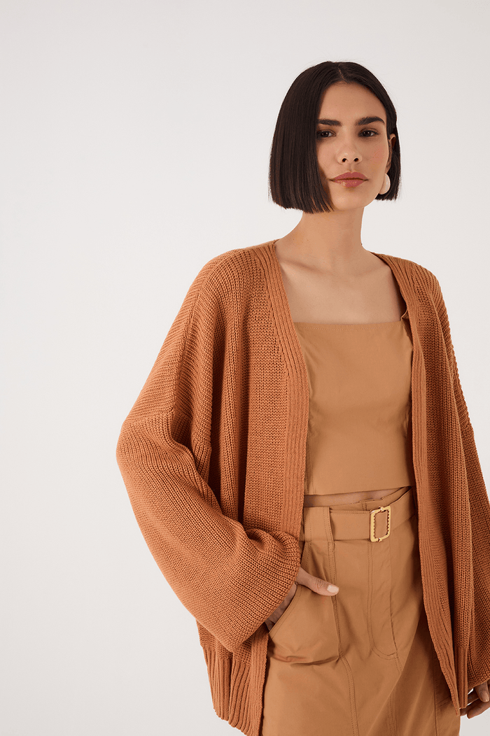 Beige Leme Oversized Dropped Shoulder Tricot Cardigan_3