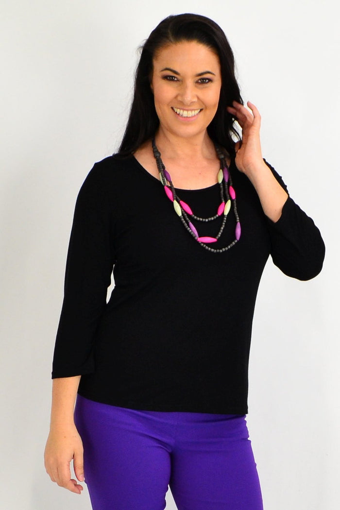 Black 3/4 sleeve scoop neck basic top by Lilia, showcasing a simple, fitted design on a neutral background.