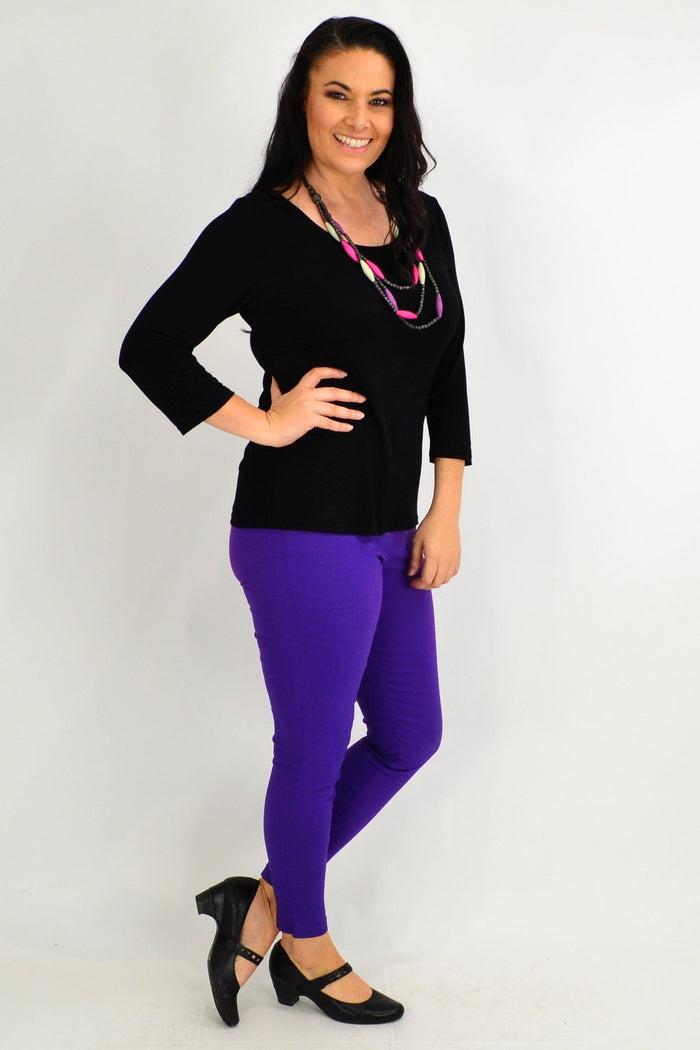 Black 3/4 sleeve scoop neck basic top by Lilia, featuring a fitted silhouette and simple design, perfect for casual wear.