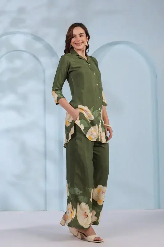Blooming Grace in Olive Green Russian Silk Co-ord Set