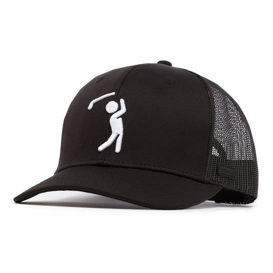 The Bogeyman Black/Black Mesh Trucker Hat - Snapback features a curved brim, black mesh back, adjustable snapback strap, and a white embroidered stick figure golfer on the front. Shown on a white surface, angled to display front and side panel.