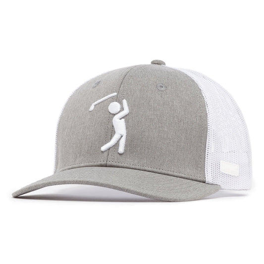 The Bogeyman Heather/White Mesh Trucker Hat features gray front panels, a white mesh snapback, curved brim, and an embroidered golfer silhouette on the front with a small white patch on the left side of the brim.