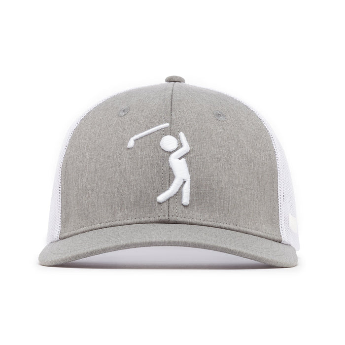 The Bogeyman Heather/White Mesh Trucker Hat is a snapback with a curved brim, white mesh sides and back, and features a white embroidered golfer silhouette on the front panel.