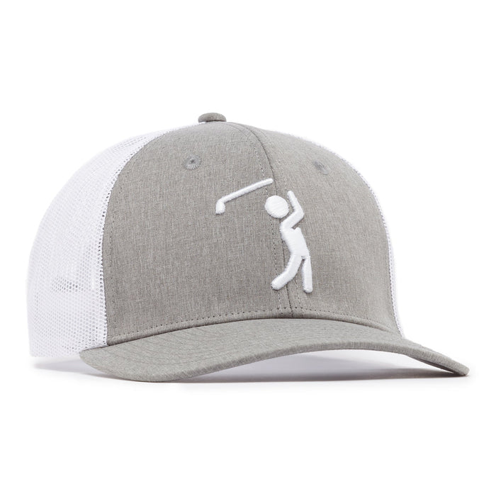 The Bogeyman Heather/White Mesh Trucker Hat features a structured, sporty design with a gray and white color scheme, mesh snapback, curved brim, custom lining, and an embroidered stick figure golfer on the front. Adjustable snapback closure.