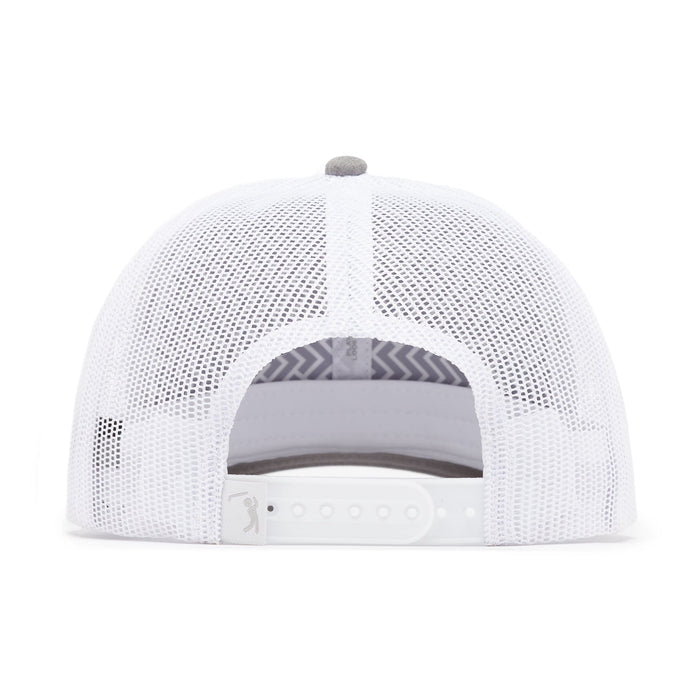 The Bogeyman Heather/White Mesh Trucker Hat features a white mesh back, snapback closure, small animal logo on the strap’s left side, visible crown seam, gray top button, and performance material for comfort.