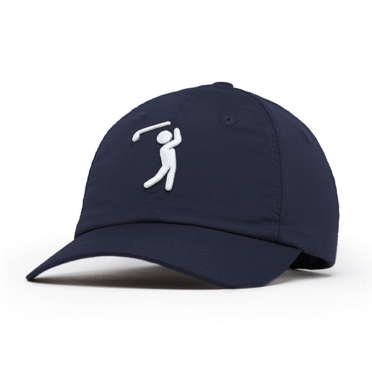The Bogeyman Navy - Dad Hat is a navy blue baseball cap with a curved brim and a white embroidered stick figure swinging a golf club on the front. Made from performance material, it features an adjustable back strap for comfort. Plain white background.