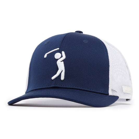 The Bogeyman Navy/White Mesh Trucker Hat features a curved brim, white minimalist embroidered golfer on the front, breathable mesh back, and an adjustable snapback closure for a perfect fit.