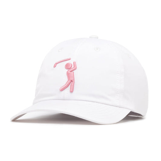 The Bogeyman White/Pink Dad Hat is a white cap with a pink embroidered stick figure swinging a golf club, visible stitching, ventilation eyelets, curved brim, and an adjustable back strap for the perfect fit.