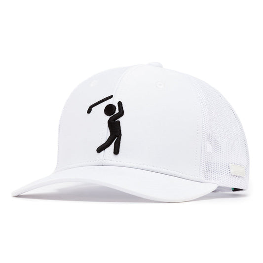 The Bogeyman White/White Mesh Trucker Hat - Snapback features a white mesh back, curved bill, and a black embroidered stick figure swinging a golf club on the front. Made from performance material for breathability and all-day comfort.