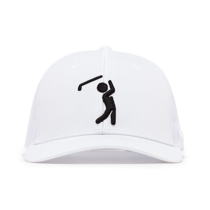 The Bogeyman White/White Mesh Trucker Hat - Snapback features a curved brim, mesh back side panels, and a black embroidered stick figure swinging a golf club on the front center; photographed from the front on a white background.