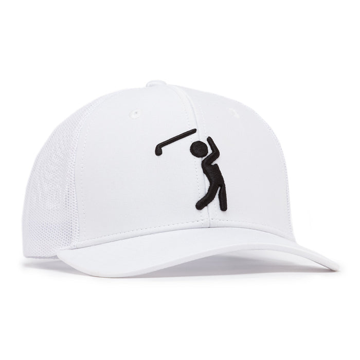 The Bogeyman White/White Mesh Trucker Hat is a snapback baseball cap with a curved brim and mesh back, featuring a black embroidered golfer silhouette. Made from performance fabric, its minimalist style has no extra logos or decorations.