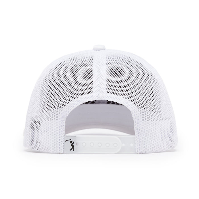 The Bogeyman White/White Mesh Trucker Hat is shown from the back, displaying an adjustable snapback closure and a small white tag with black logo on the left. Breathable mesh covers the back panels for comfort.