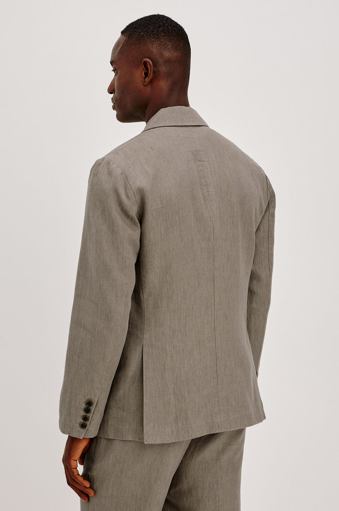 Bond Blazer in Cotton Wool Linen Blend, Single-Breasted, Notched Lapels, Chest Welt Pocket, Front Patch Pockets, and Long Sleeves With Button Cuffs in Walnut Colorway - Upper Body Back View Featured on Model