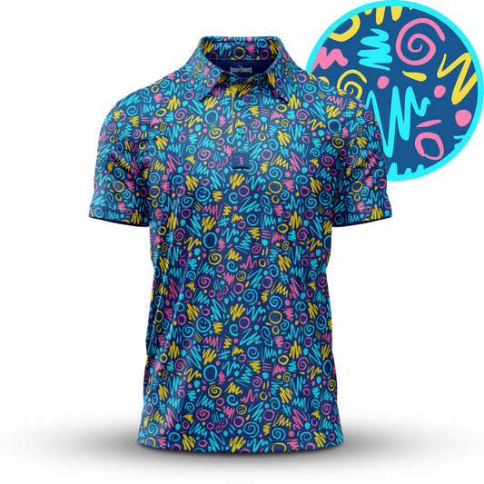 The Booyah - Polo is a short-sleeved shirt with an athletic fit and a bold 1980s-inspired pattern—squiggles, zigzags, and dots in pink, yellow, turquoise, and blue on dark blue—offering comfort and standout style for any occasion.