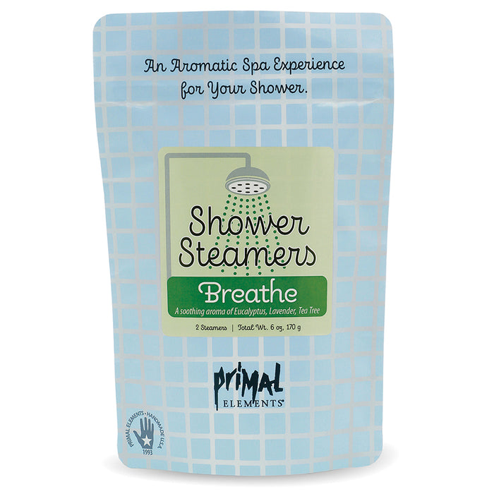Breathe Shower Steamer | Primal Elements packaging featuring a calming blue grid design, highlighting a soothing eucalyptus, lavender, and tea tree aroma for a spa-like wellness shower experience.