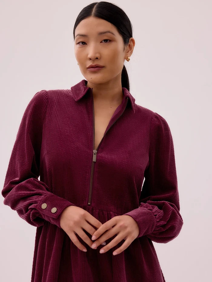 Burgundy Cord Zip Front Mini Dress