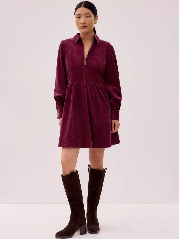 Burgundy Cord Zip Front Mini Dress