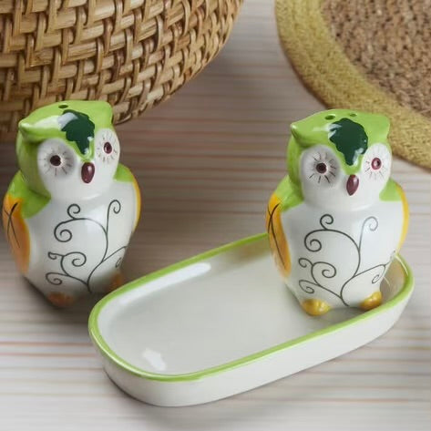 Ceramic Owl Condiment Salt And Pepper Shaker Set With Tray