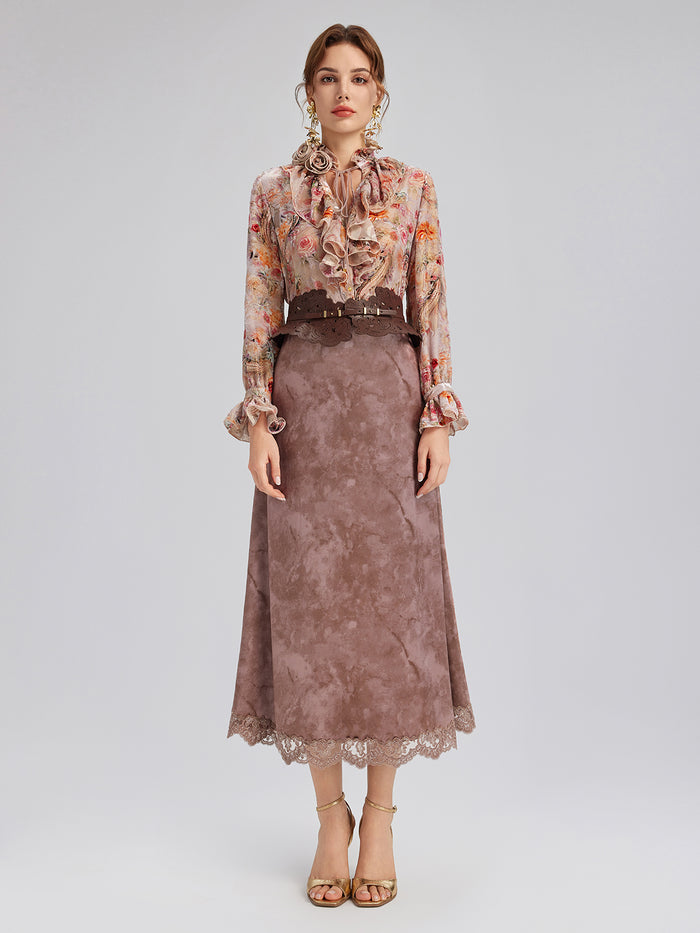 Chestnut Velvet Lace-Trim Fishtail Skirt