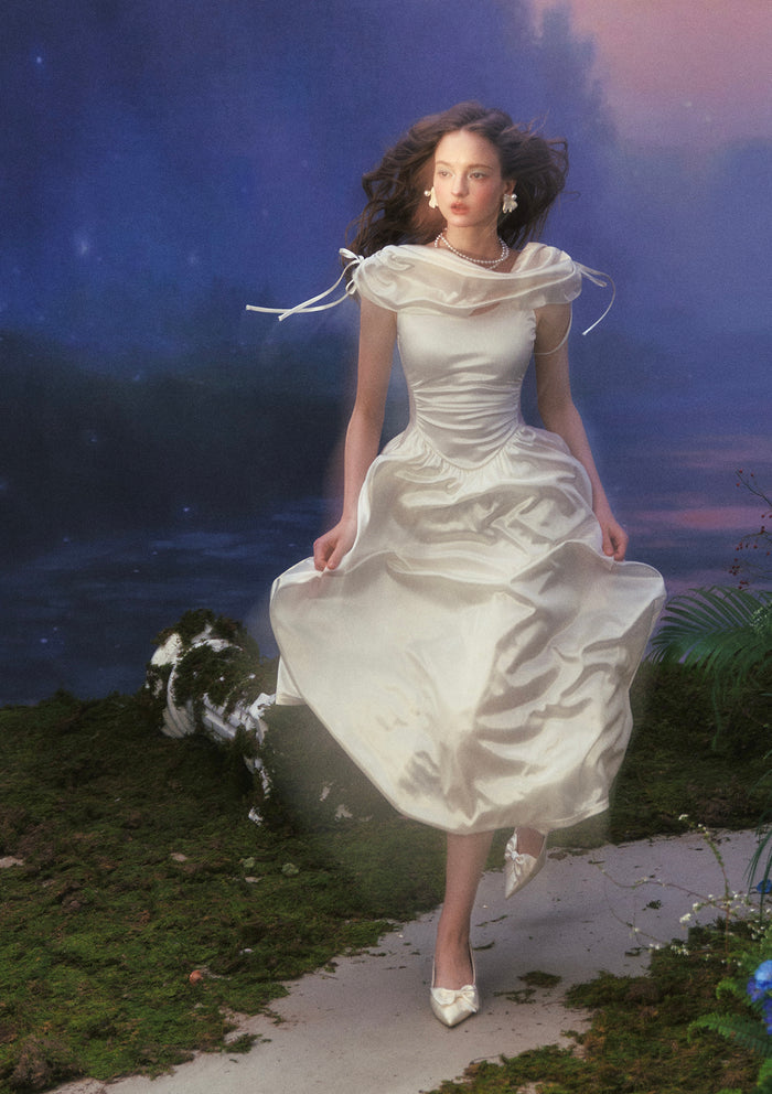 Lacemade "Crash Landing On You" White Satin Maxi Dress - Elegant Fairycore Style