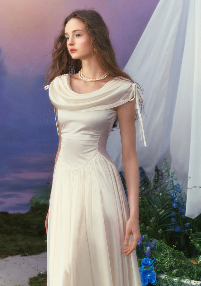 Lacemade flowing white satin dress for graduation or garden party