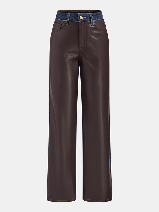 Denim Panel Faux Leather Straight-Leg Pants
