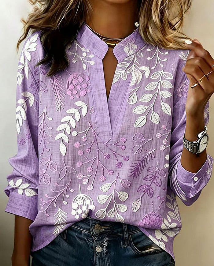 Drynora - Blouse femme imprimée florale col ouvert manches longues style élégant
