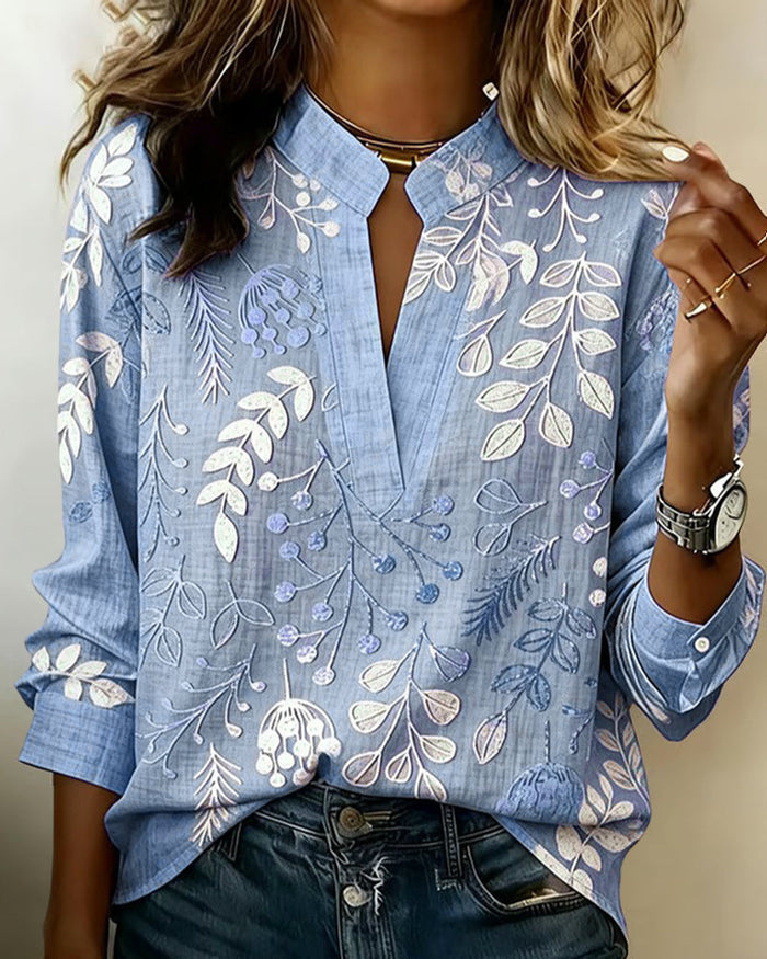 Drynora - Blouse femme imprimée florale col ouvert manches longues style élégant