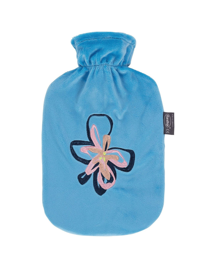 Soft blue Fashy 2L hot water bottle with pink flower plush cover