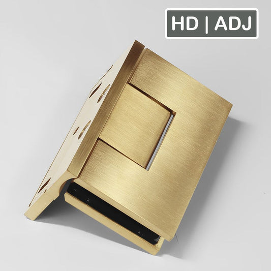 Frameless Shower Hinge Heavy Duty Adjustable Glass to Wall L-Shape 90 Degrees - Brushed Brass - Image 1