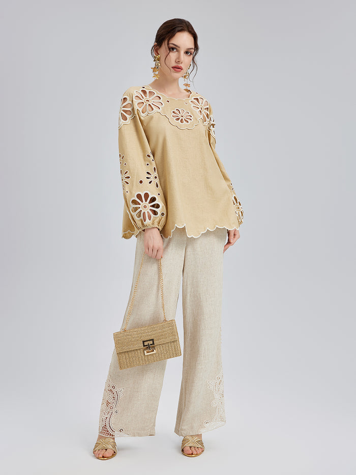 French Ramie Lace-Trimmed Pants with Braided Belt