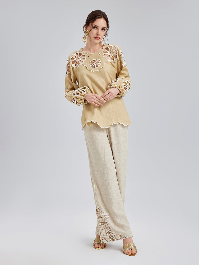 French Ramie Lace-Trimmed Pants with Braided Belt