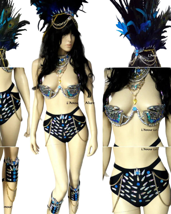 Full Turquoise Rihanna Inspired Samba Costume Cosplay Dance Rave Cage Bra Halloween Burlesque Show Girl
