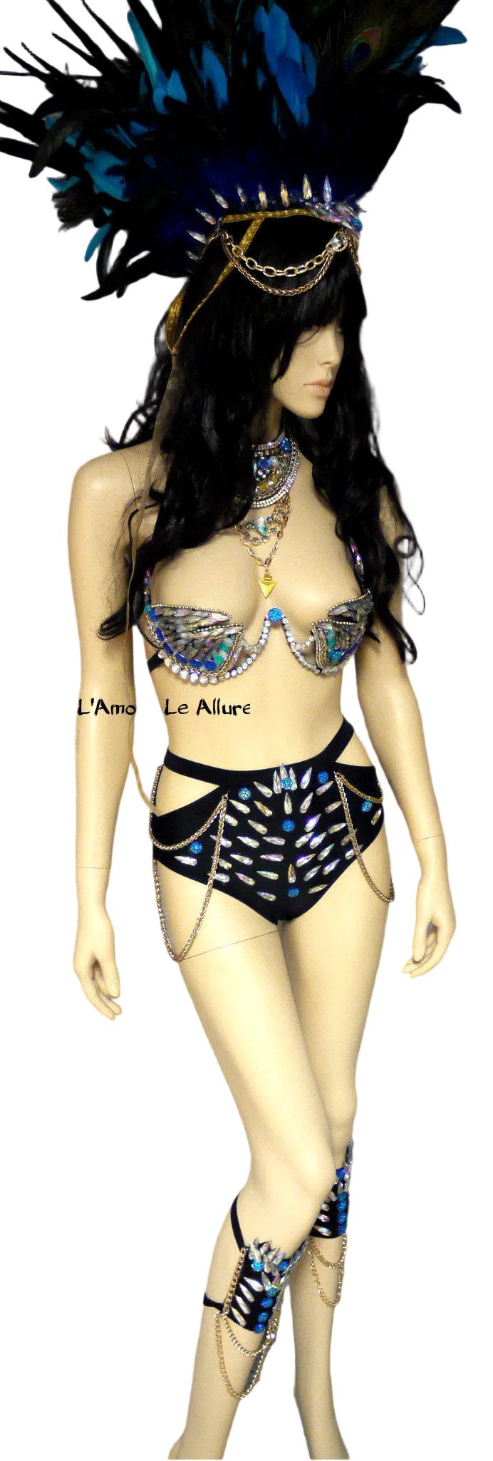 Full Turquoise Rihanna Inspired Samba Costume Cosplay Dance Rave Cage Bra Halloween Burlesque Show Girl