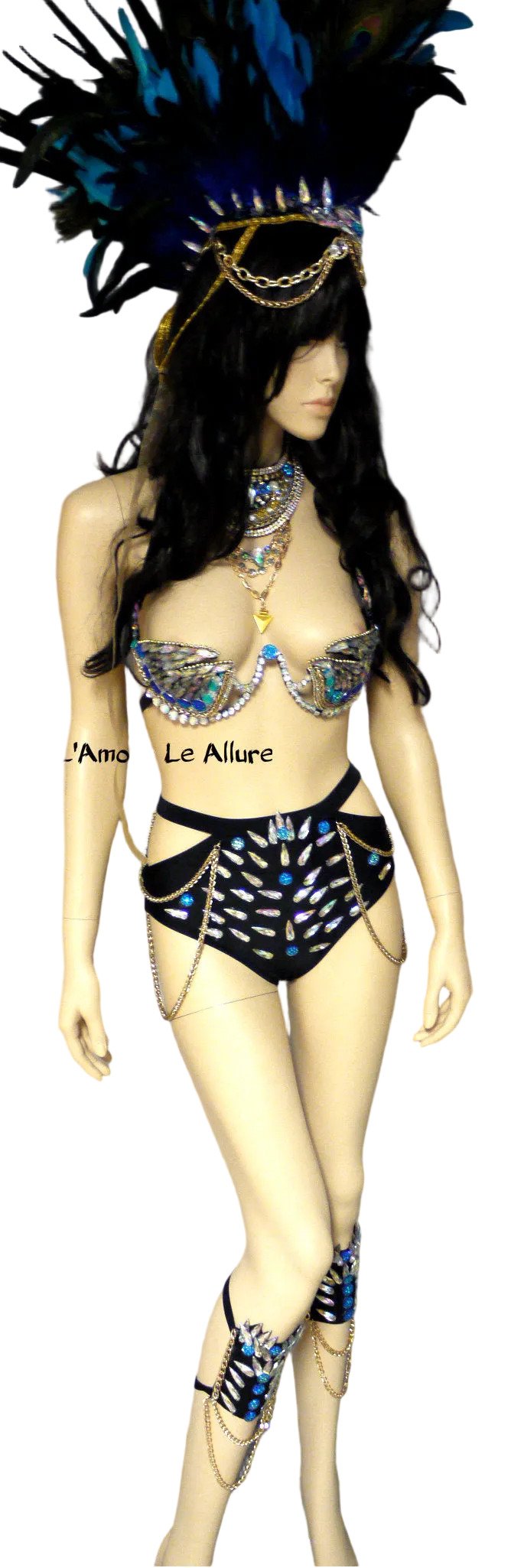 Full Turquoise Rihanna Inspired Samba Costume Cosplay Dance Rave Cage Bra Halloween Burlesque Show Girl
