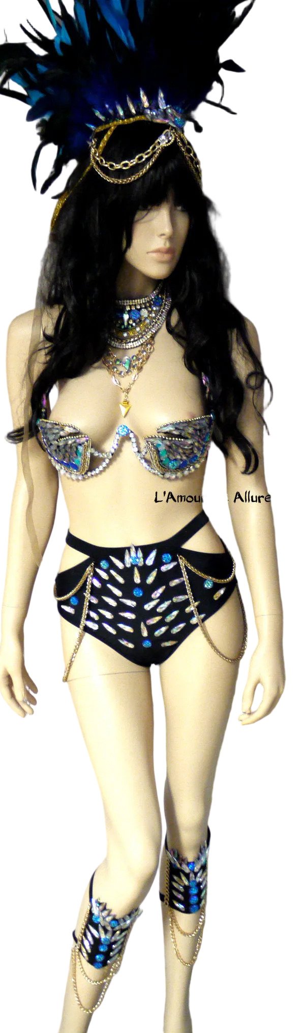 Full Turquoise Rihanna Inspired Samba Costume Cosplay Dance Rave Cage Bra Halloween Burlesque Show Girl
