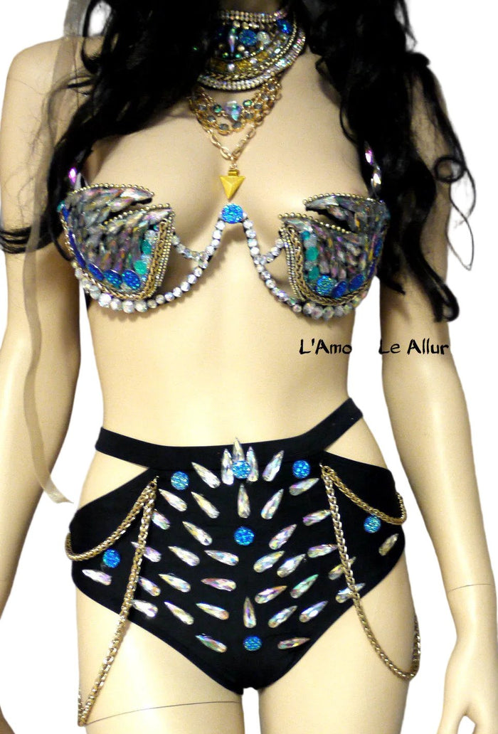 Full Turquoise Rihanna Inspired Samba Costume Cosplay Dance Rave Cage Bra Halloween Burlesque Show Girl