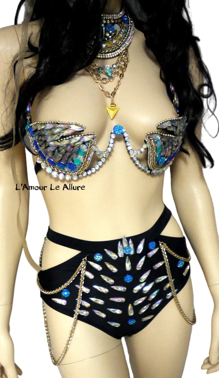 Full Turquoise Rihanna Inspired Samba Costume Cosplay Dance Rave Cage Bra Halloween Burlesque Show Girl